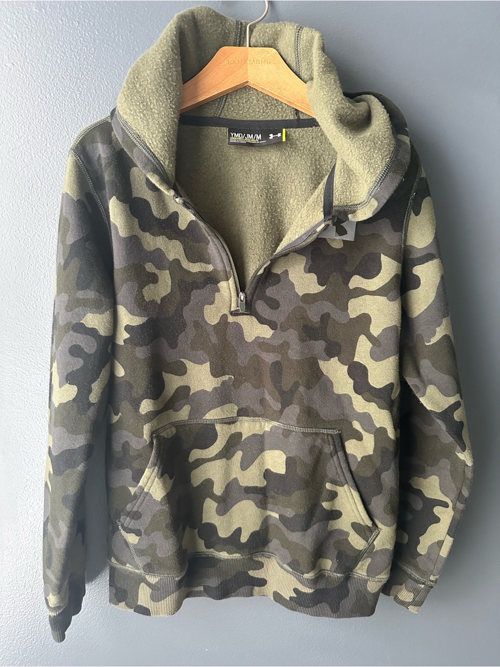 💚 UNDER ARMOUR youth hooded sweatshirt Green Camo Quarter-Zip Fleece medium
